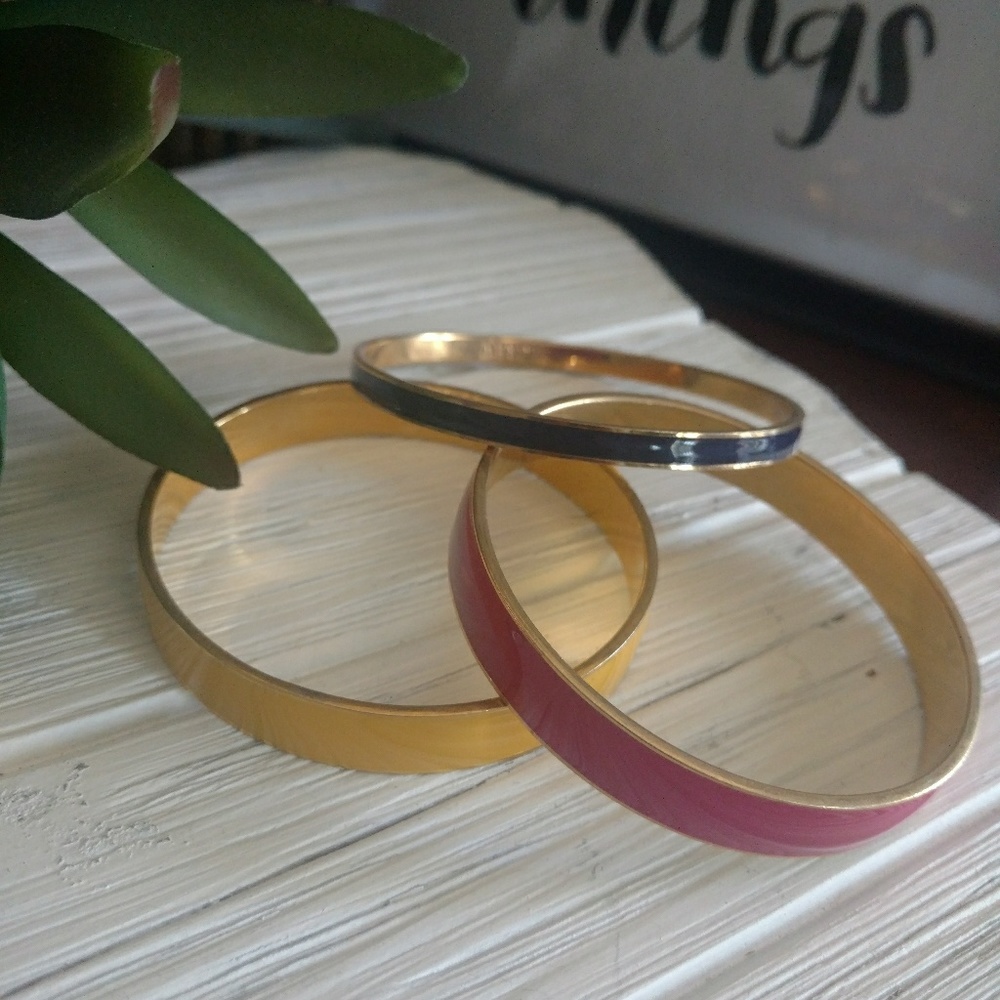 J.Crew 3 Pc Enamel Bangle Bracelet Set Pink Yellow Navy Blue Stackable OS